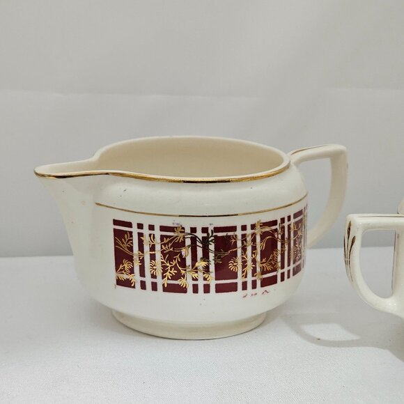 Homer Laughlin Piccadilly Creamer Sugar Stacking Set vtg red plaid gold floral - Picture 5 of 11